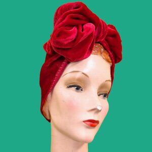 Vintage 1940s Red Velvet Turban Headscarf